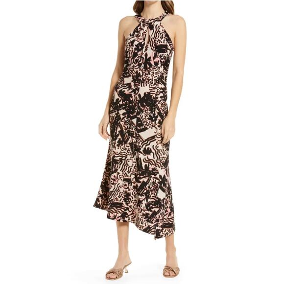 Halogen‎ Dress Womens Plus 1X Black Tan Halter Ruched Midi Asymmetric Resort - Picture 1 of 10